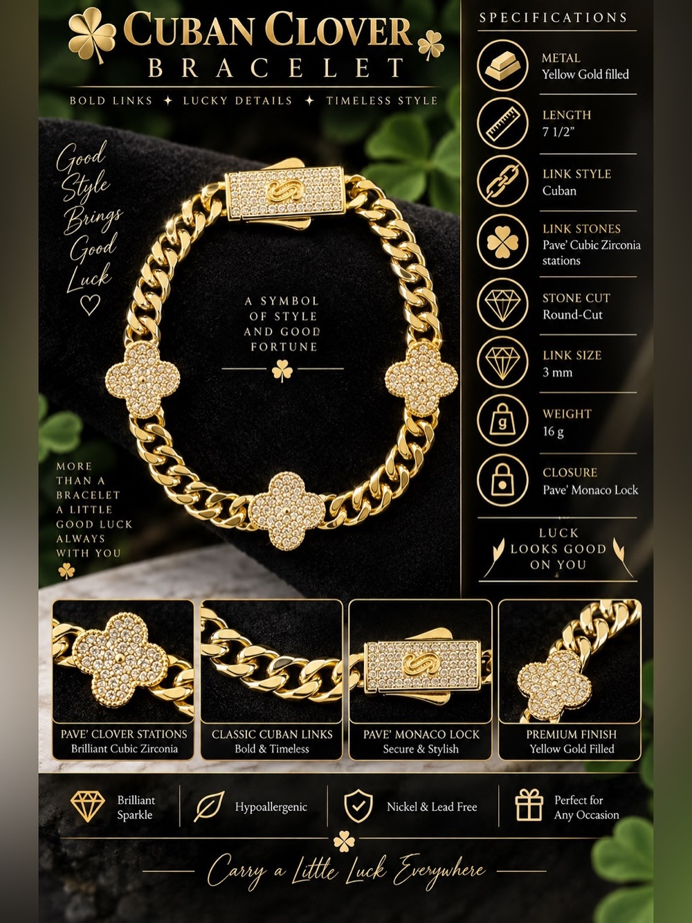 6mm Yellow Gold Clover Cuban Link Bracelet 7 1/2 in. - Picture 3 of 10